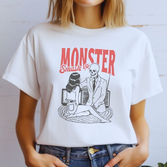 Funny Halloween Skeleton Graphic Tee Retro Pinup Style Vintage Dark Humor - Picture 1 of 4